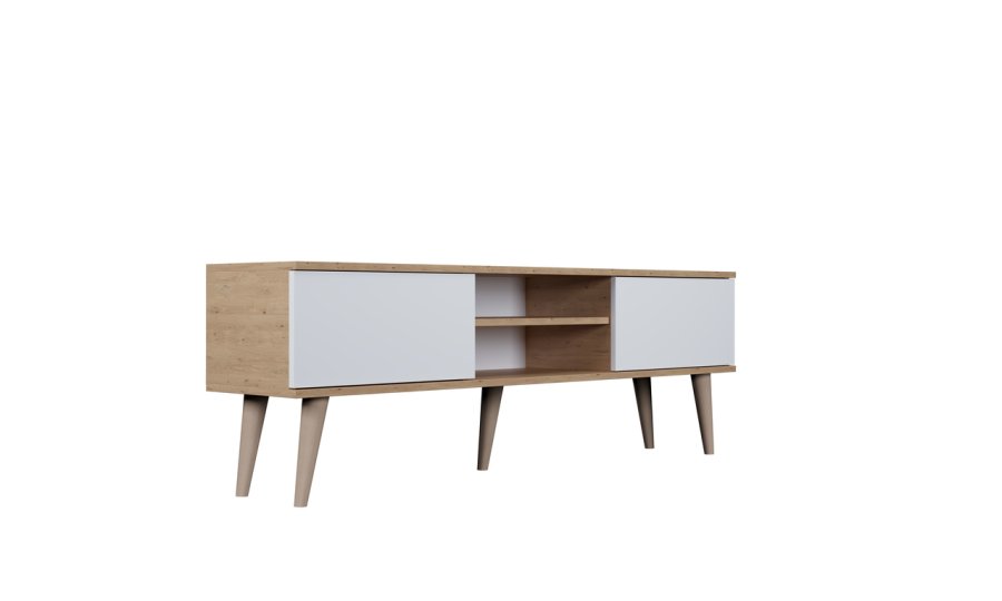 KOCOT RTV Toronto TV-bord, m. 2 drer og 1 hylle - naturlig og hvit bk (160x35)