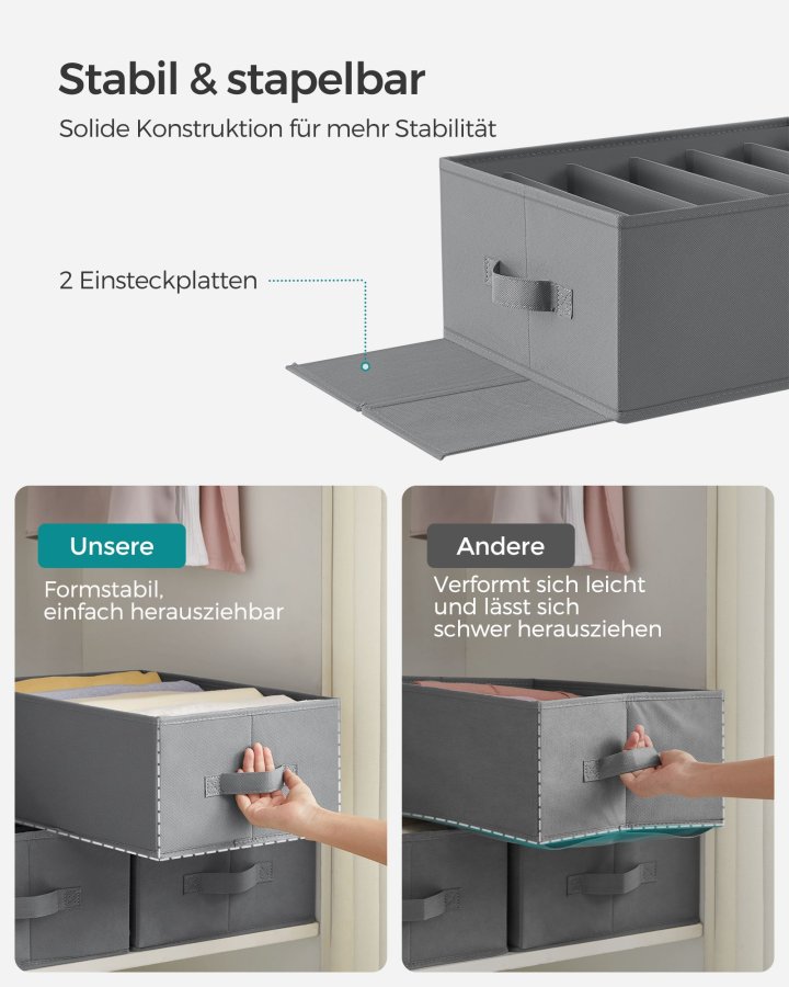 SONGMICS Sett med 4 skuffeoppbevaringsskap, garderobeoppbevaring med 6 rom, sammenleggbar garderobeoppbevaring, 42 x 30 x 17 cm, for bukser, kl�r, duegr� RUS009G04