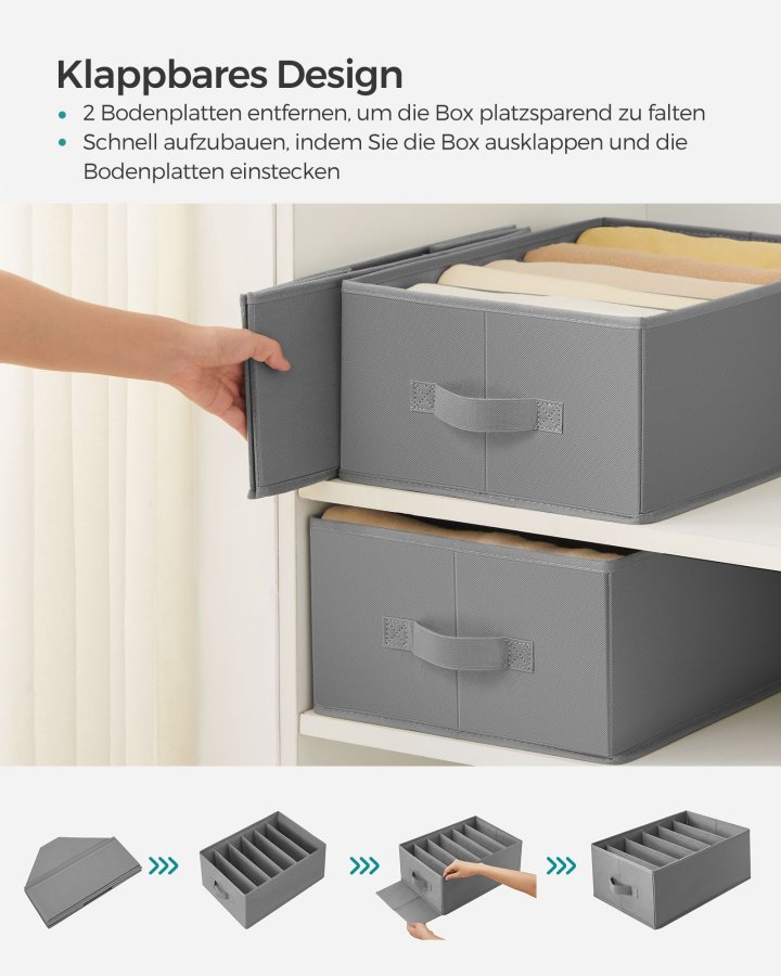 SONGMICS Sett med 4 skuffeoppbevaringsskap, garderobeoppbevaring med 6 rom, sammenleggbar garderobeoppbevaring, 42 x 30 x 17 cm, for bukser, kl�r, duegr� RUS009G04