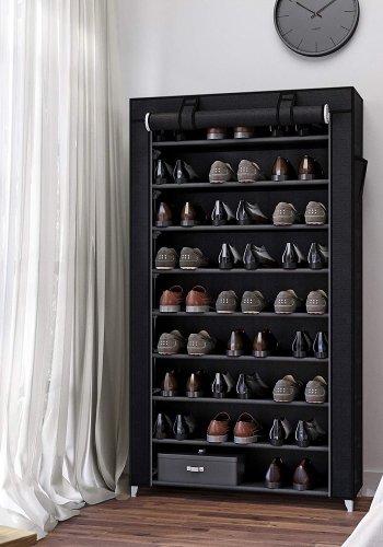 SONGMICS RXJ36H skoreol, m. st�vt�t afd�kning, 9 rum, plads til op til 40 par sko - sort fiberdug og st�l