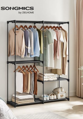 SONGMICS RYG025B02 garderobeskab, m. 3 b�jlest�nger, 4 hylder, b�rbar - sort st�l