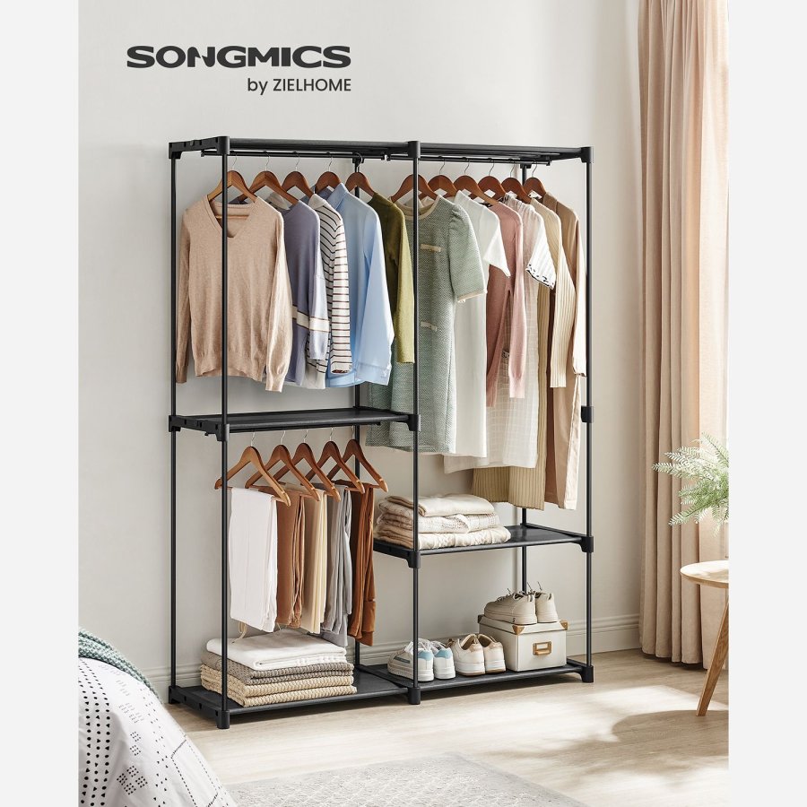 SONGMICS T�jgarderobe, B�rbart skab, T�jstativ, 43 x 138 x 182 cm, 3 b�jlest�nger og hylder, Stor kapacitet til sovev�relse, stue, vaskerum, sort RYG025B02
