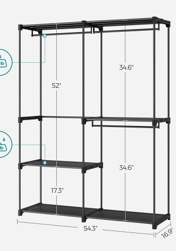 SONGMICS T�jgarderobe, B�rbart skab, T�jstativ, 43 x 138 x 182 cm, 3 b�jlest�nger og hylder, Stor kapacitet til sovev�relse, stue, vaskerum, sort RYG025B02