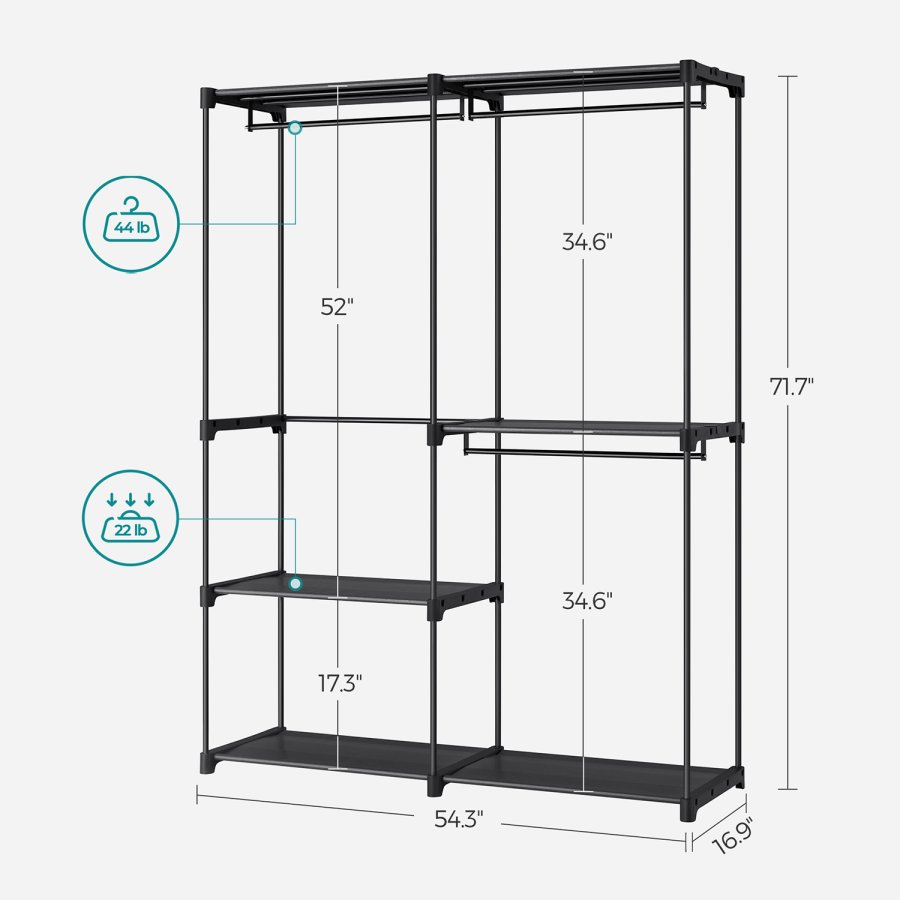 SONGMICS T�jgarderobe, B�rbart skab, T�jstativ, 43 x 138 x 182 cm, 3 b�jlest�nger og hylder, Stor kapacitet til sovev�relse, stue, vaskerum, sort RYG025B02