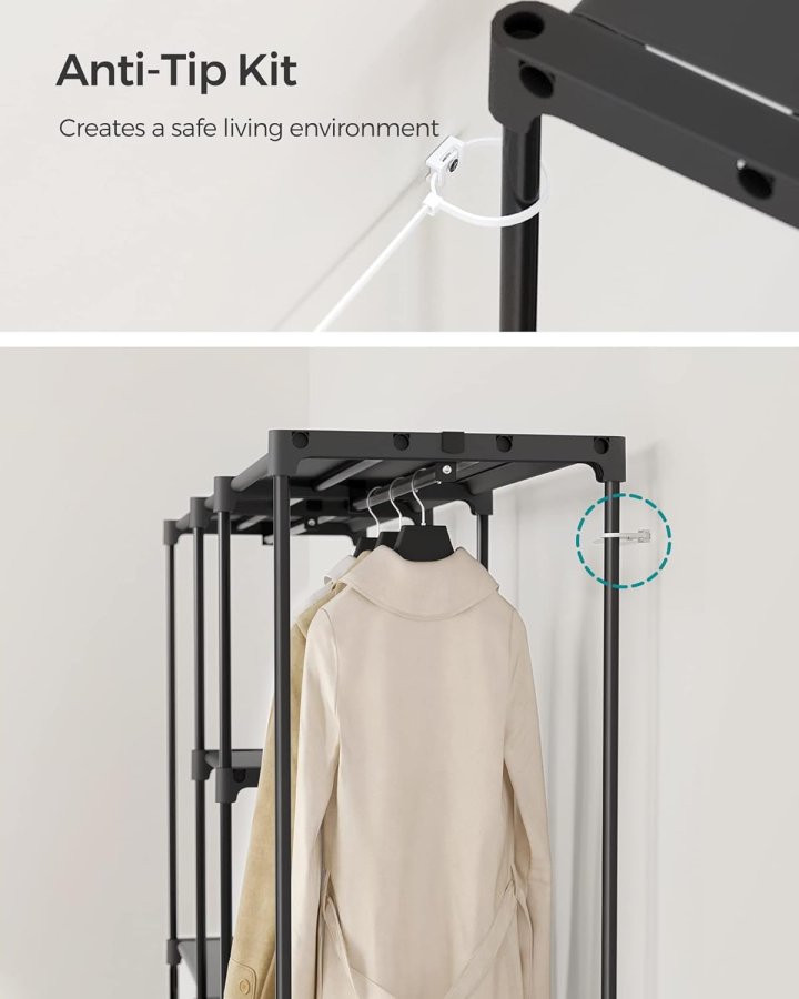 SONGMICS B�rbar �ben Garderobe, T�jstativ, Fritst�ende Garderobe med T�jstativer og Stofhylder til Sovev�relse, 43 x 182 x 182 cm Sort RYG037B02