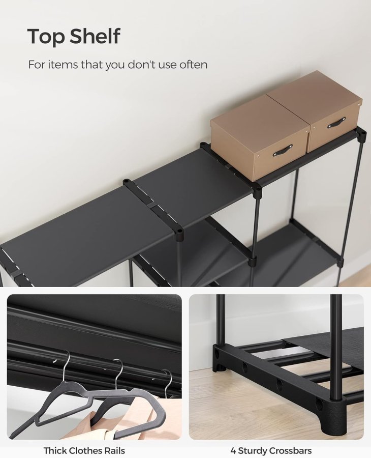 SONGMICS B�rbar �ben Garderobe, T�jstativ, Fritst�ende Garderobe med T�jstativer og Stofhylder til Sovev�relse, 43 x 182 x 182 cm Sort RYG037B02