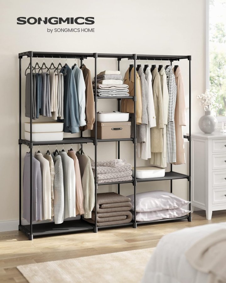 SONGMICS B�rbar �ben Garderobe, T�jstativ, Fritst�ende Garderobe med T�jstativer og Stofhylder til Sovev�relse, 43 x 182 x 182 cm Sort RYG037B02