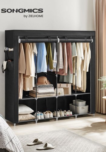 SONGMICS RYG094B02 stofgarderobeskab, m. 4 b�jlest�nger, 8 hylder, 4 sidelommer, b�rbar - sort stof og st�l