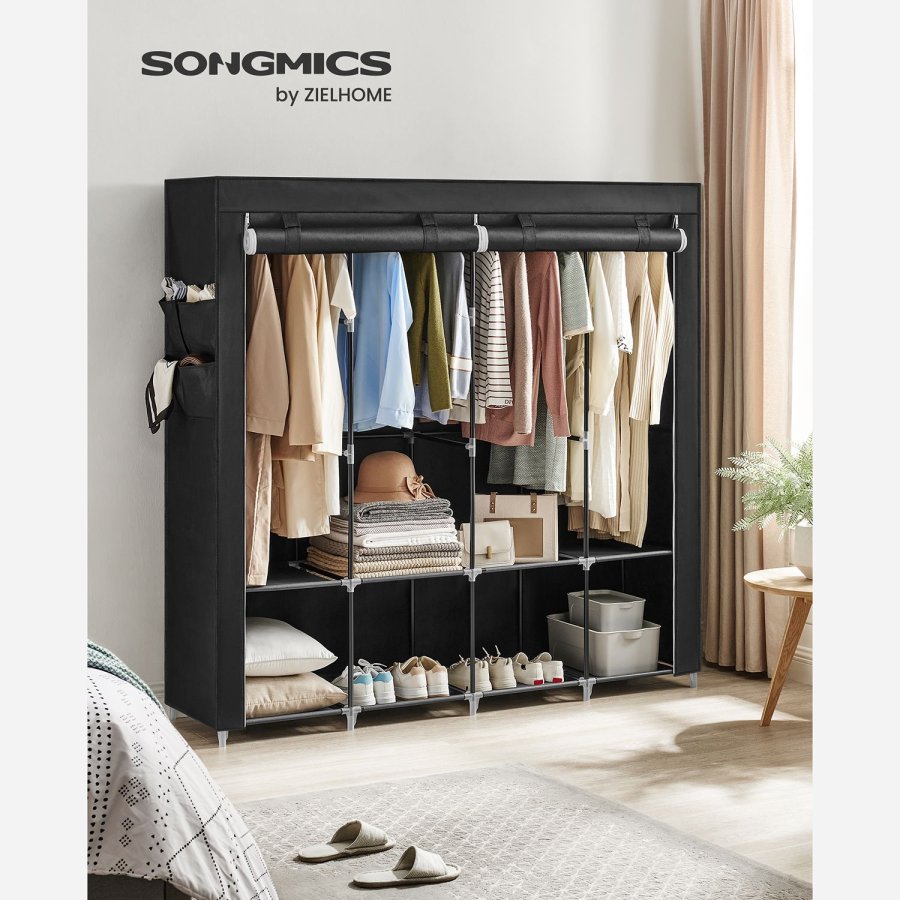 SONGMICS T�jgarderobe, B�rbart Skab, T�jorganiseringsstativ med 4 B�jleskinner, Hylder, 4 Sidelommer, 45 x 170 x 167 cm, Stor Kapacitet til Sovev�relse, Stue, Sort RYG094B02