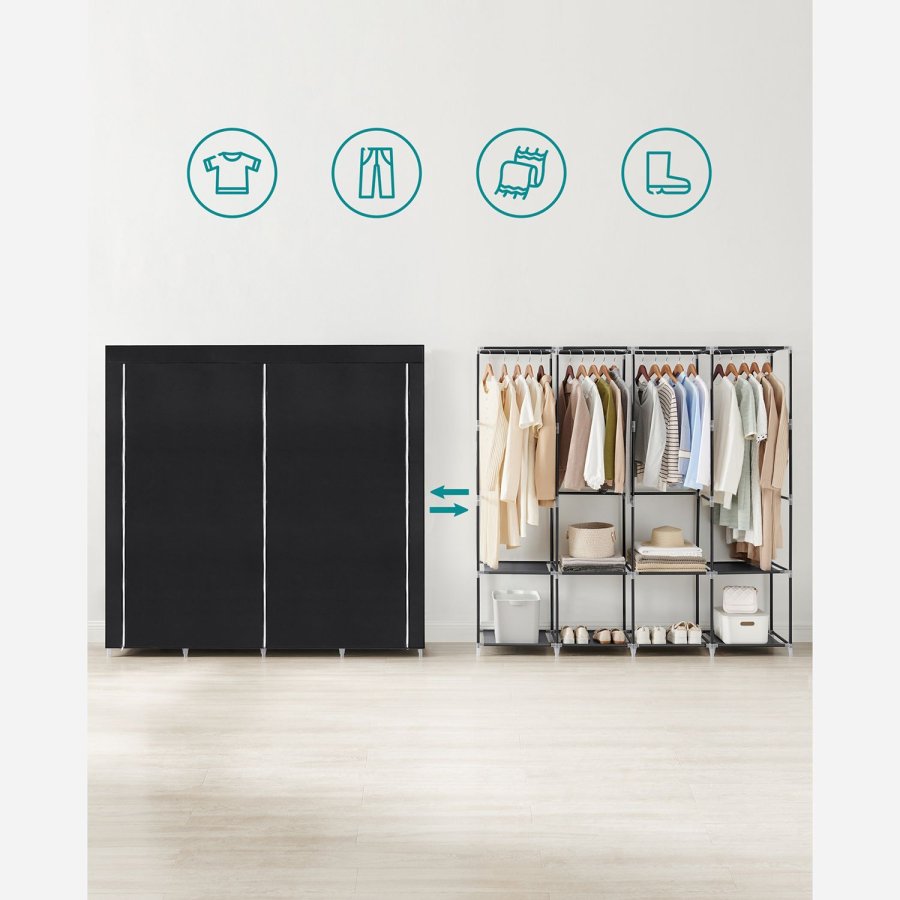 SONGMICS T�jgarderobe, B�rbart Skab, T�jorganiseringsstativ med 4 B�jleskinner, Hylder, 4 Sidelommer, 45 x 170 x 167 cm, Stor Kapacitet til Sovev�relse, Stue, Sort RYG094B02
