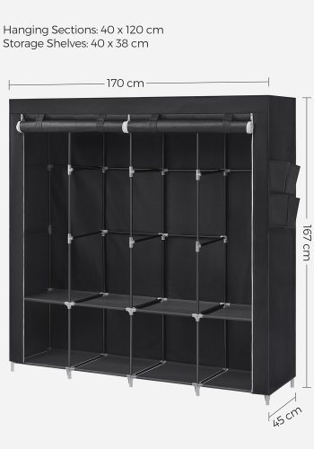 SONGMICS T�jgarderobe, B�rbart Skab, T�jorganiseringsstativ med 4 B�jleskinner, Hylder, 4 Sidelommer, 45 x 170 x 167 cm, Stor Kapacitet til Sovev�relse, Stue, Sort RYG094B02