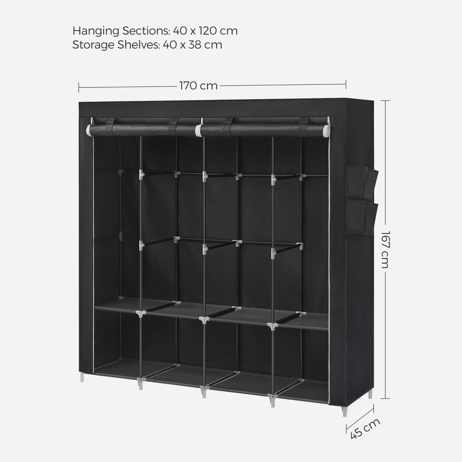 SONGMICS T�jgarderobe, B�rbart Skab, T�jorganiseringsstativ med 4 B�jleskinner, Hylder, 4 Sidelommer, 45 x 170 x 167 cm, Stor Kapacitet til Sovev�relse, Stue, Sort RYG094B02