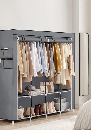 SONGMICS URYG094G02 garderobeskab, b�rbar, m. 4 b�jlest�nger, 8 hylder, 4 sidelommer - gr� ikke-v�vet stof og st�l