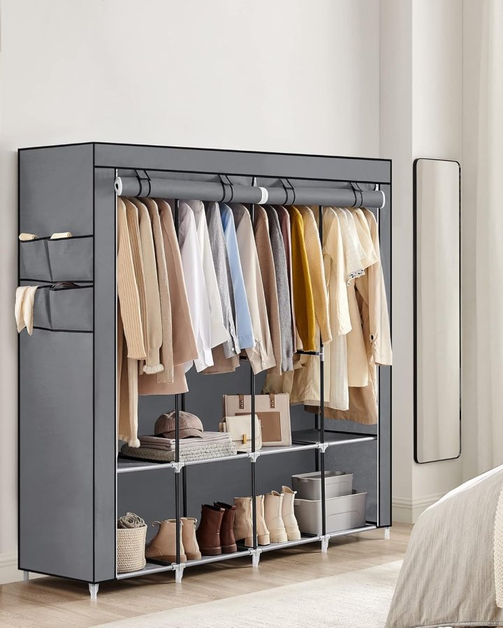 SONGMICS B�rbart Garderobeskab, Garderobeskabsorganisator med L�g, 4 B�jlest�nger og Hylder, 4 Sidelommer, 43 x 162 x 173 cm, Stor Kapacitet til Sovev�relse, Stue, Gr� URYG094G02