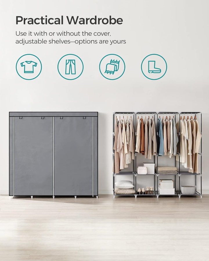 SONGMICS B�rbart Garderobeskab, Garderobeskabsorganisator med L�g, 4 B�jlest�nger og Hylder, 4 Sidelommer, 43 x 162 x 173 cm, Stor Kapacitet til Sovev�relse, Stue, Gr� URYG094G02