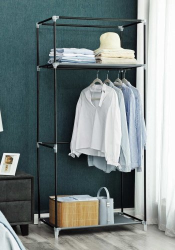 SONGMICS RYG83GY stofgarderobeskab, m.  b�jlestang, 2 hylder, foldbar - gr� stof og st�l