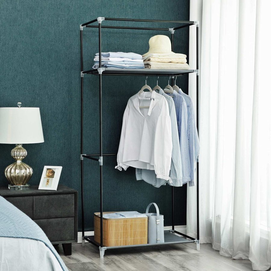 SONGMICS Stofgarderobe, Sammenklappeligt Skab med B�jlestang, Enkelt T�jstativ, Opbevaringsorganisator til Tasker, Leget�j, Sko, Stue, Sovev�relse, Garderobe, 75 x 45 x 160 cm, Gr� RYG83GY
