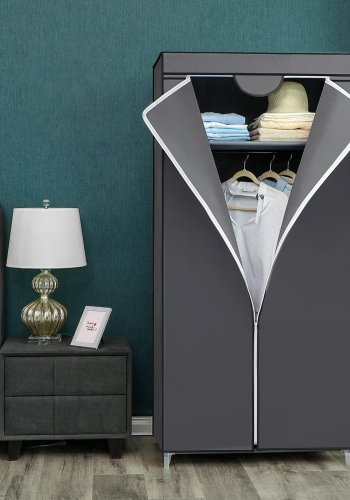 SONGMICS Stofgarderobe, Sammenklappeligt Skab med B�jlestang, Enkelt T�jstativ, Opbevaringsorganisator til Tasker, Leget�j, Sko, Stue, Sovev�relse, Garderobe, 75 x 45 x 160 cm, Gr� RYG83GY