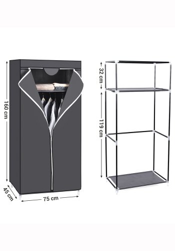 SONGMICS Stofgarderobe, Sammenklappeligt Skab med B�jlestang, Enkelt T�jstativ, Opbevaringsorganisator til Tasker, Leget�j, Sko, Stue, Sovev�relse, Garderobe, 75 x 45 x 160 cm, Gr� RYG83GY
