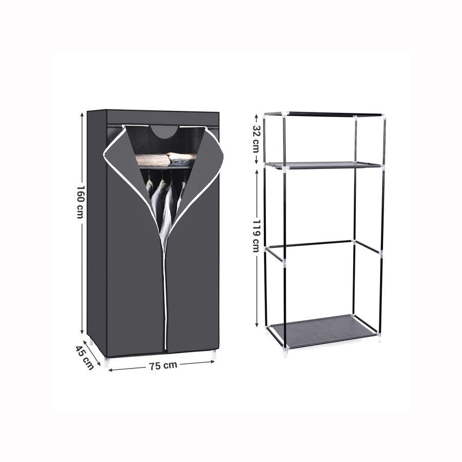 SONGMICS Stofgarderobe, Sammenklappeligt Skab med B�jlestang, Enkelt T�jstativ, Opbevaringsorganisator til Tasker, Leget�j, Sko, Stue, Sovev�relse, Garderobe, 75 x 45 x 160 cm, Gr� RYG83GY
