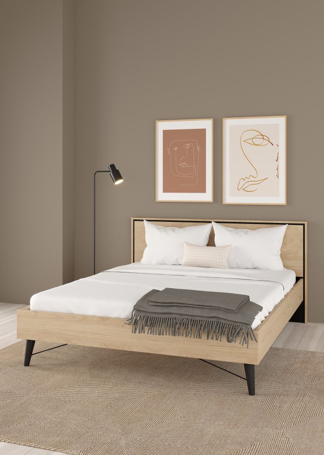 TVILUM Ry Bettgestell, mit Kopfteil und Lattenrost - Naturfolie/Melamin und Holz (160x200)