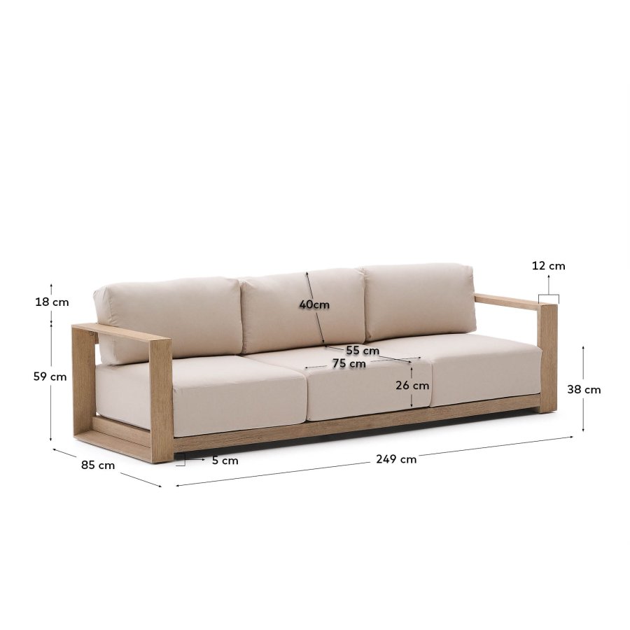 KAVE HOME Ambra 3-seters sofa i heltre akasie med lys overflate 249 cm