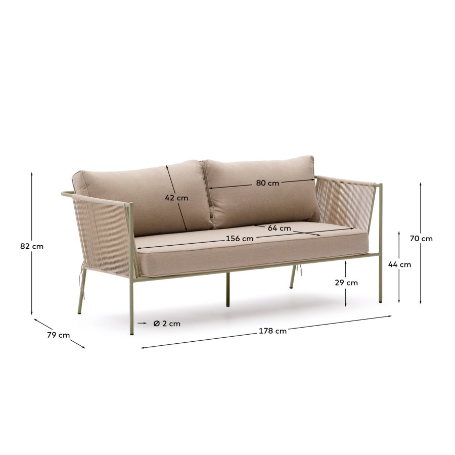 KAVE HOME Zivia utendrs 2-seters sofa i ecru tau og grnt galvanisert stl 178 cm
