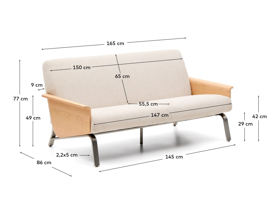 KAVE HOME Amsen 2 pers. sofa - beige chenille, egetr�skrydsfiner, b�rstet rustfrit st�l (150cm)