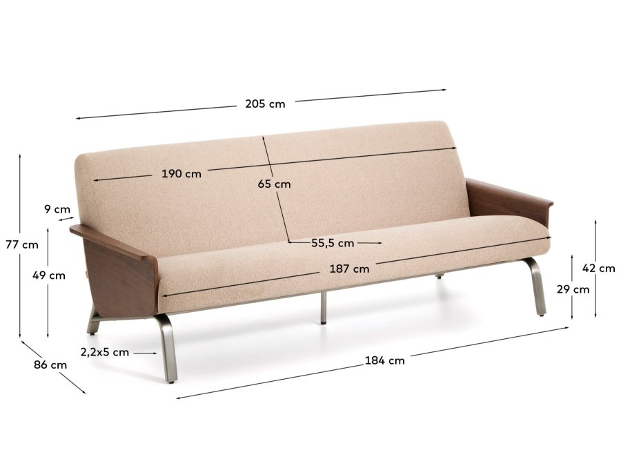 KAVE HOME Amsen 3 pers. sofa - lysebrun chenille, valn�ddekrydsfiner, b�rstet rustfrit st�l (190cm)