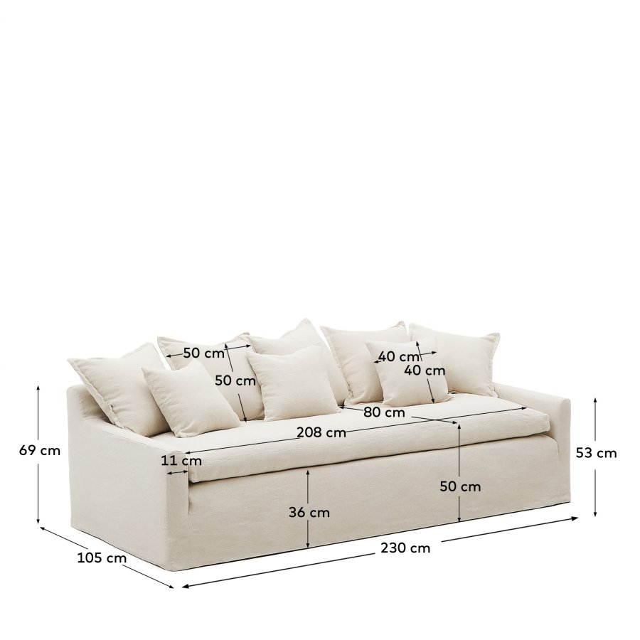 KAVE HOME Zenira sofa med avtakbart trekk og beige puter i bomull og lin, 230 cm