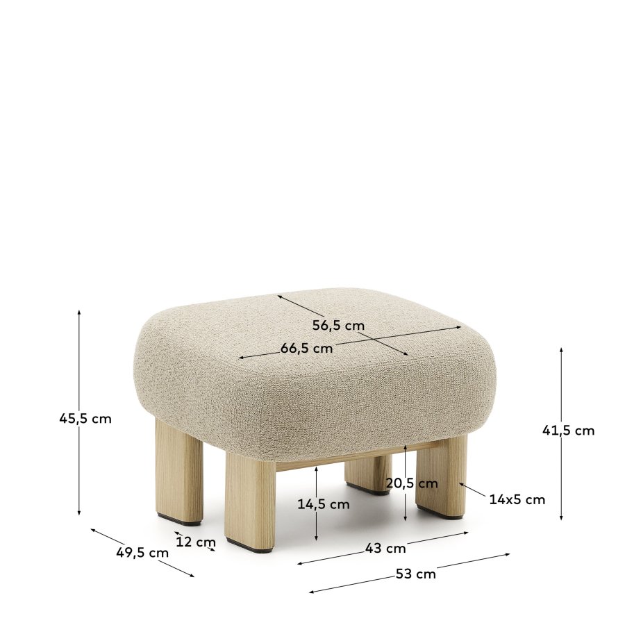 KAVE HOME Nema beige chenille fotskammel med ben i heltre ask, naturlig finish, 65x55,4 cm, FSC 100%