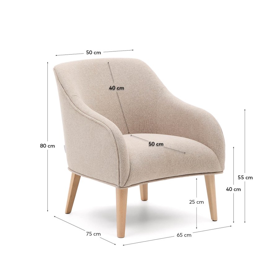 KAVE HOME Bobly l�nestol, m. arml�n - beige stof og natur b�getr�