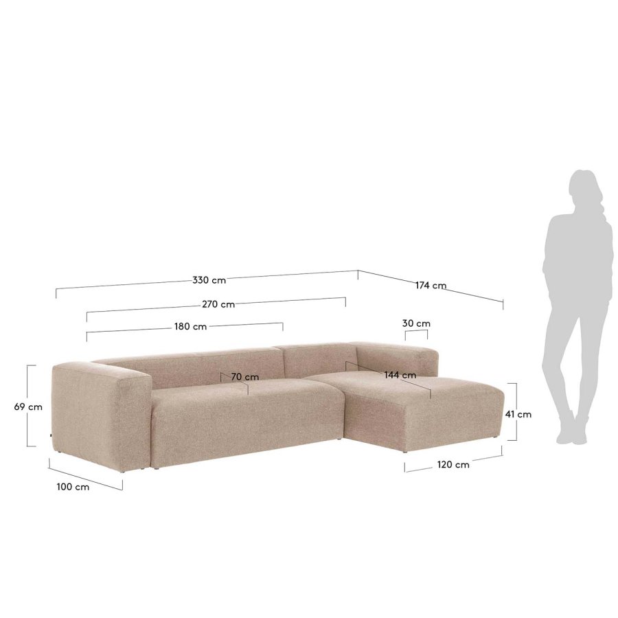 KAVE HOME Block sofa, med hyre sjeselong - beige polyester og stl