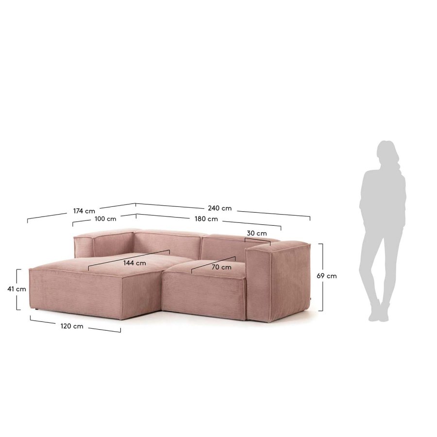 KAVE HOME Block sofa, med sjeselong - rosa fl�yel