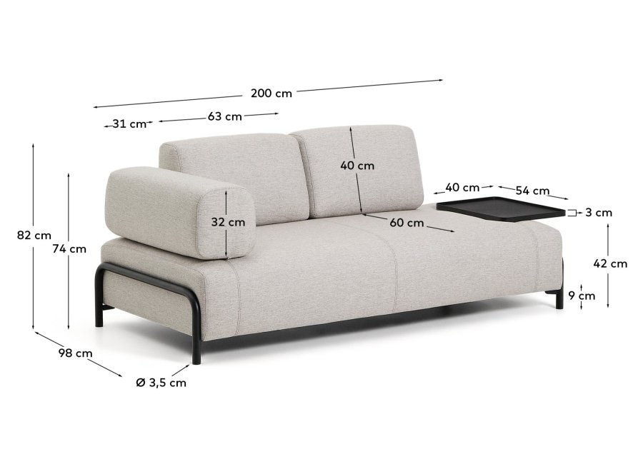KAVE HOME Compo 2-pers. modul sofa, m. stort bakkebord - gr� stof og sort metal (200cm)