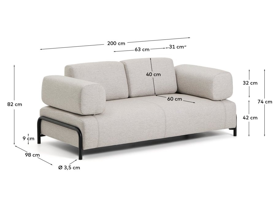 KAVE HOME Compo 2-pers. sofa - gr� stof og sort metal (200cm)