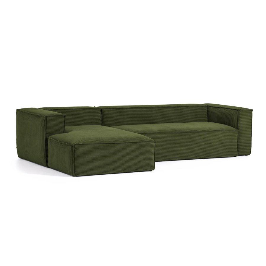 KAVE HOME Blok 3-manns sofa, med venstre sjeselong - grnn kordflyel (300 cm)