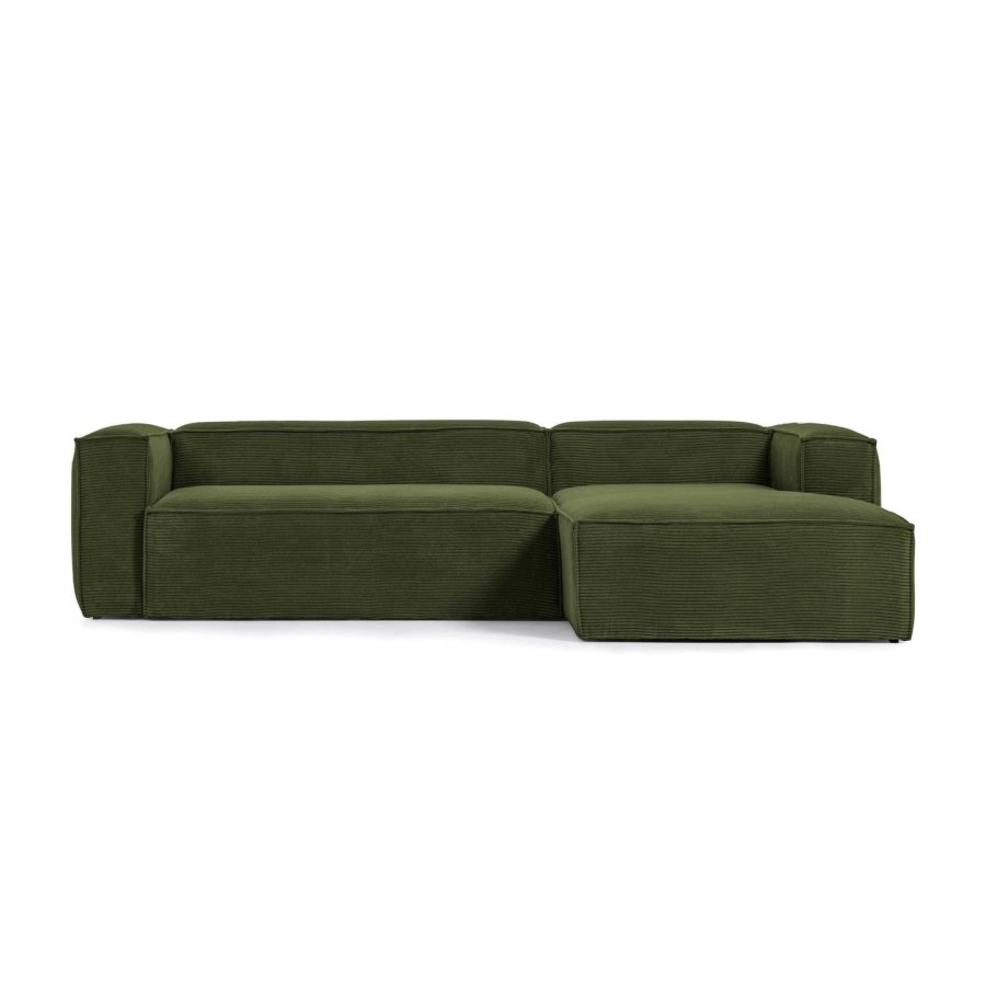 KAVE HOME Blok 3-manns sofa, med hyre sjeselong - grnn kordflyel (300 cm)