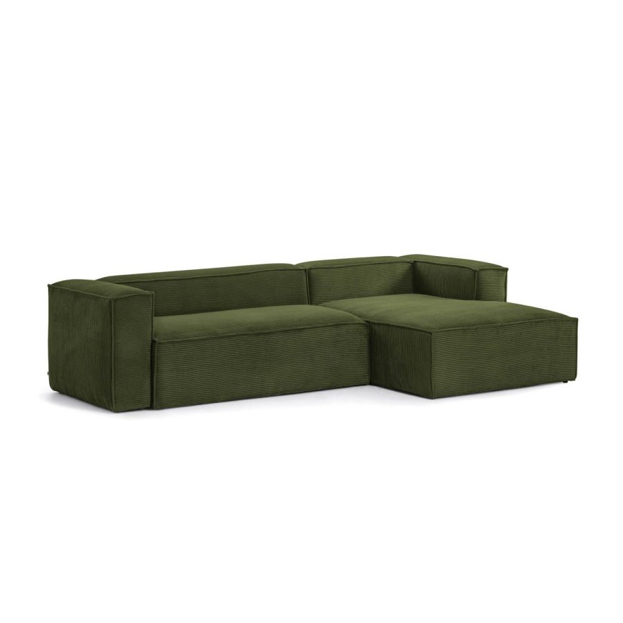 KAVE HOME Blok 3-manns sofa, med hyre sjeselong - grnn kordflyel (300 cm)