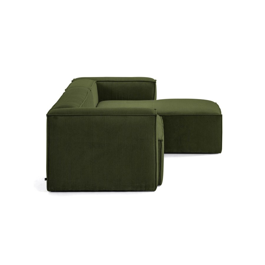 KAVE HOME Blok 3-manns sofa, med hyre sjeselong - grnn kordflyel (300 cm)