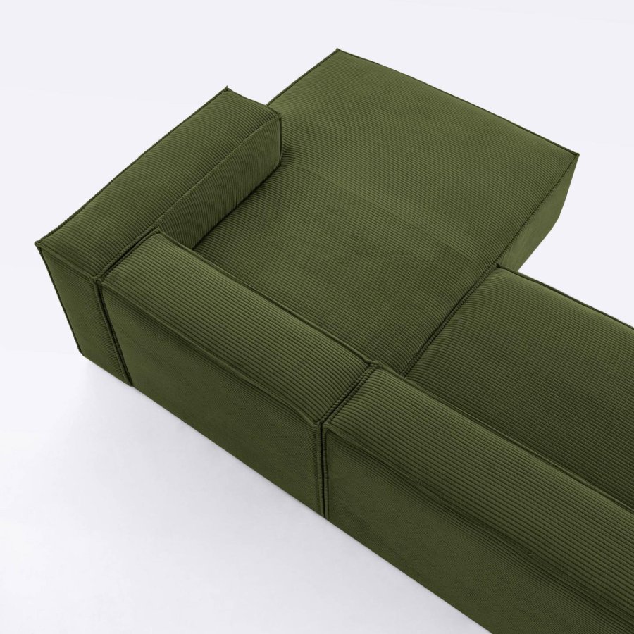 KAVE HOME Blok 3-manns sofa, med hyre sjeselong - grnn kordflyel (300 cm)