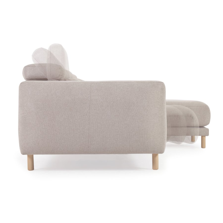 KAVE HOME Singa 3-manns sofa, med hyre sjeselong - beige stoff og naturlig bketre
