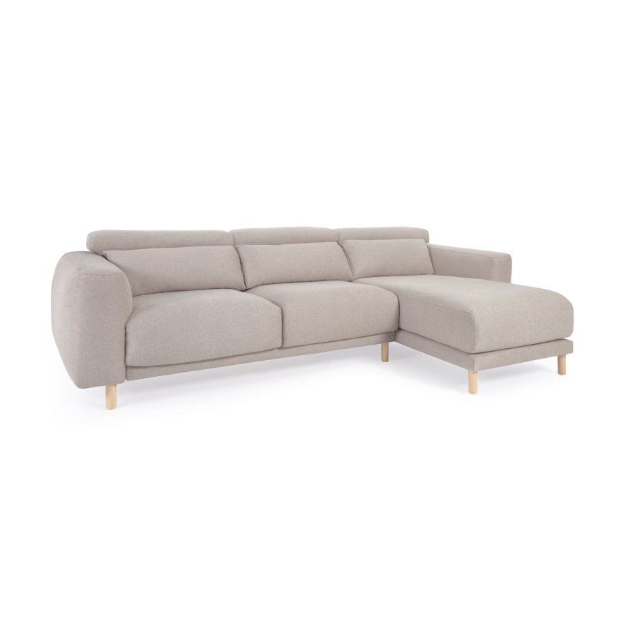 KAVE HOME Singa 3-manns sofa, med hyre sjeselong - beige stoff og naturlig bketre