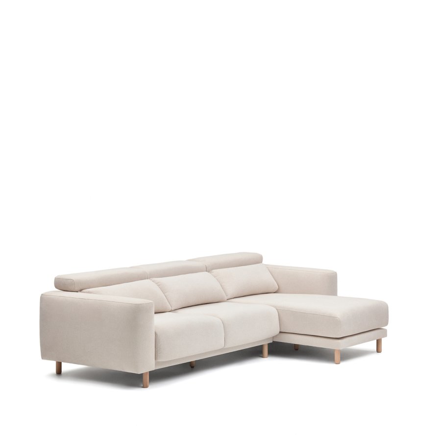 KAVE HOME Singa 3 pers. sofa, m. h�jre chaiselong - hvid stof og natur b�getr�