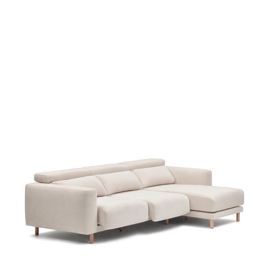 KAVE HOME Singa 3 pers. sofa, m. h�jre chaiselong - hvid stof og natur b�getr�