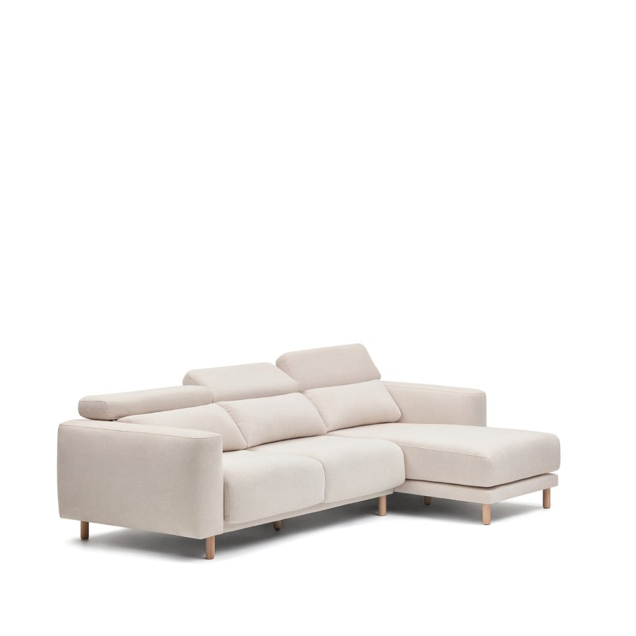 KAVE HOME Singa 3 pers. sofa, m. h�jre chaiselong - hvid stof og natur b�getr�