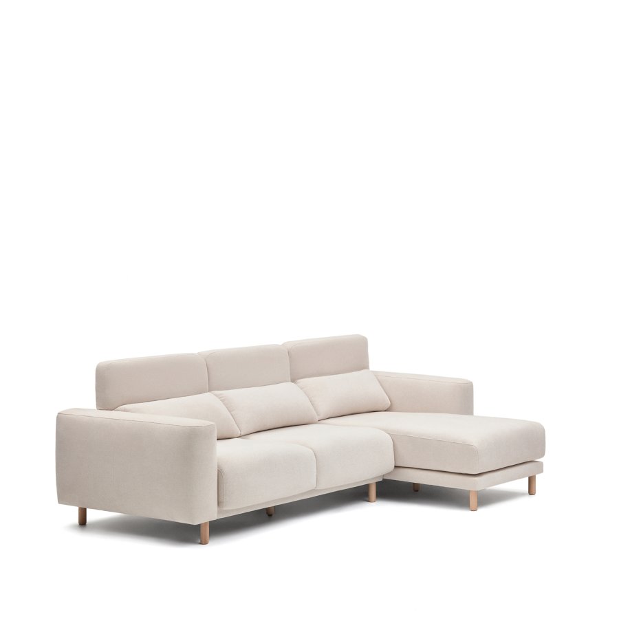 KAVE HOME Singa 3 pers. sofa, m. h�jre chaiselong - hvid stof og natur b�getr�