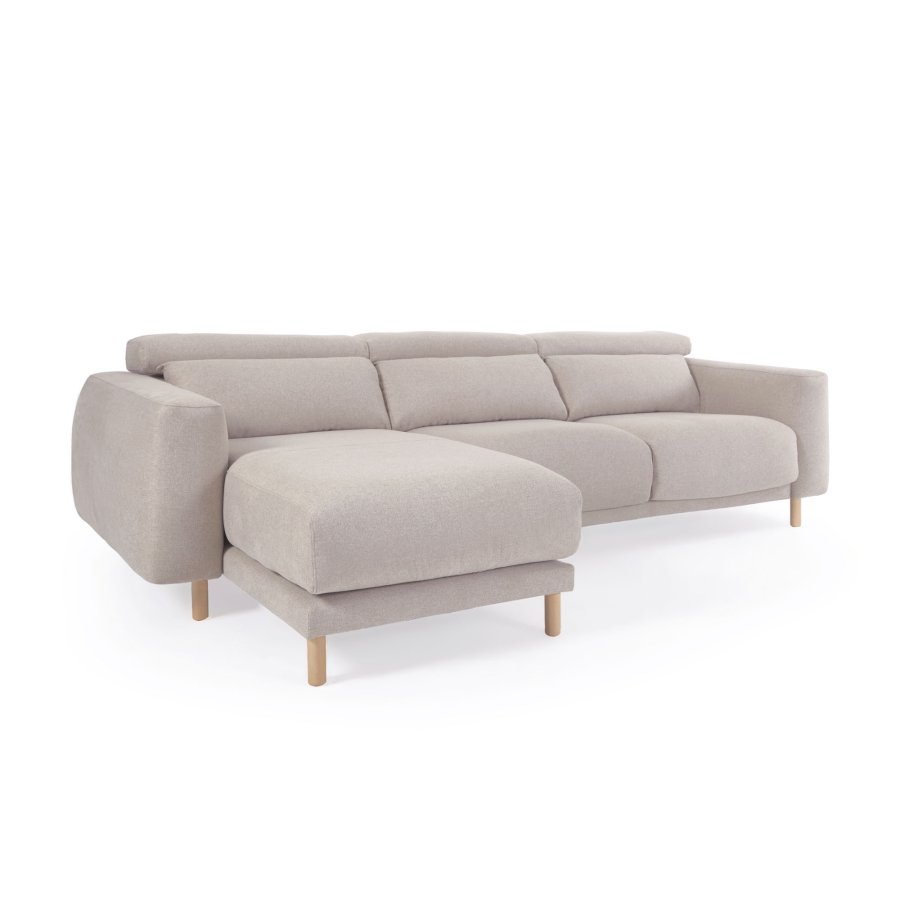 KAVE HOME Singa 3-manns sofa, med venstre sjeselong - beige stoff og naturlig bketre