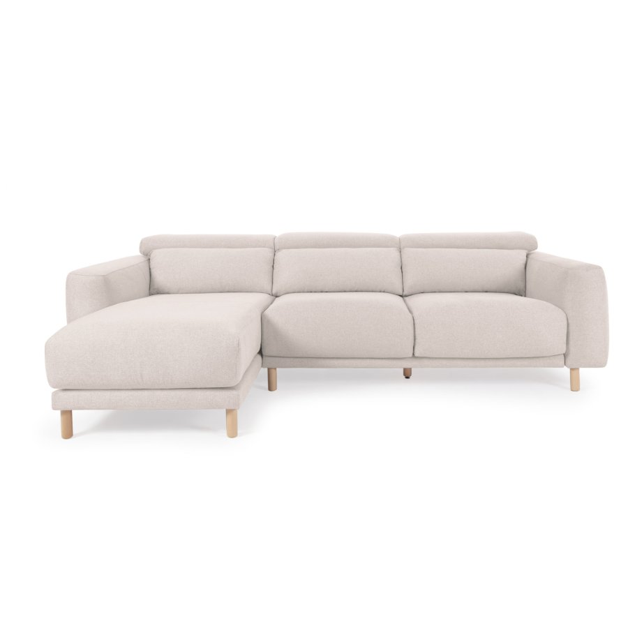 KAVE HOME Singa 3 pers. sofa, m. venstre chaiselong - hvid stof og natur b�getr�