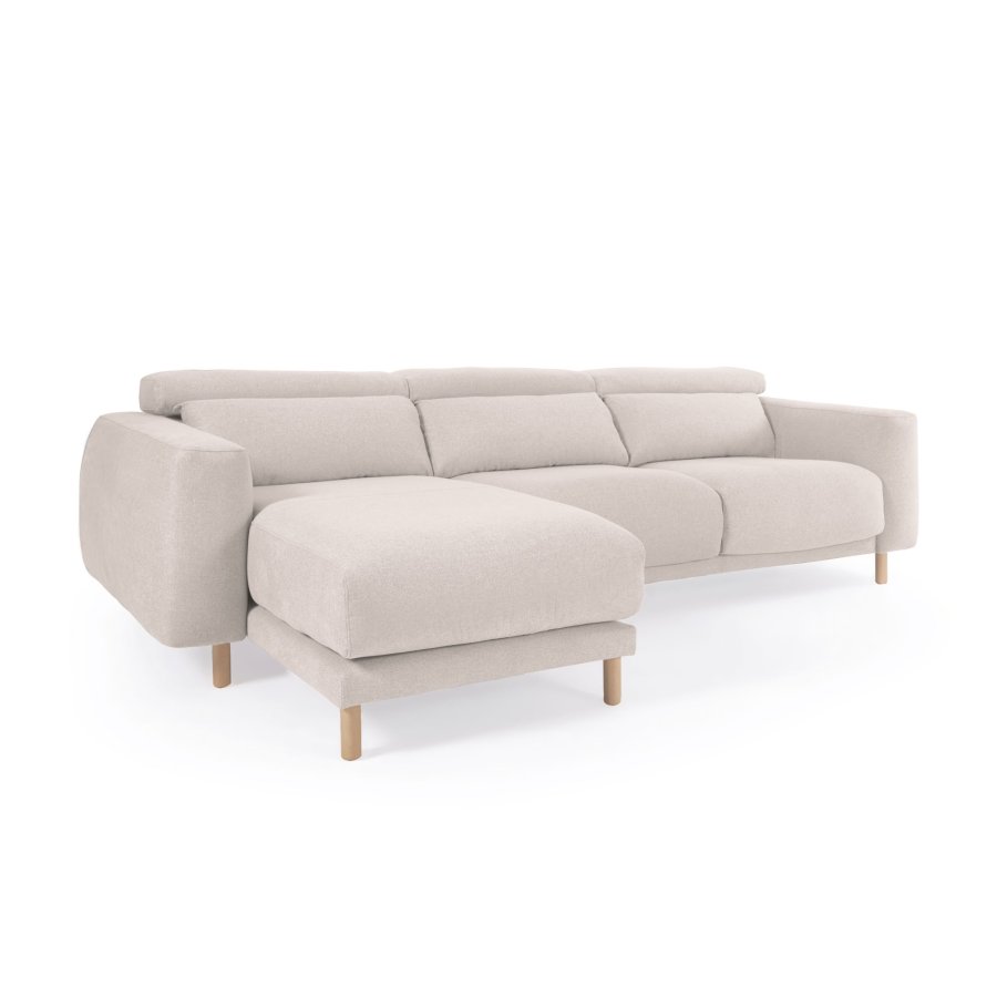 KAVE HOME Singa 3 pers. sofa, m. venstre chaiselong - hvid stof og natur b�getr�